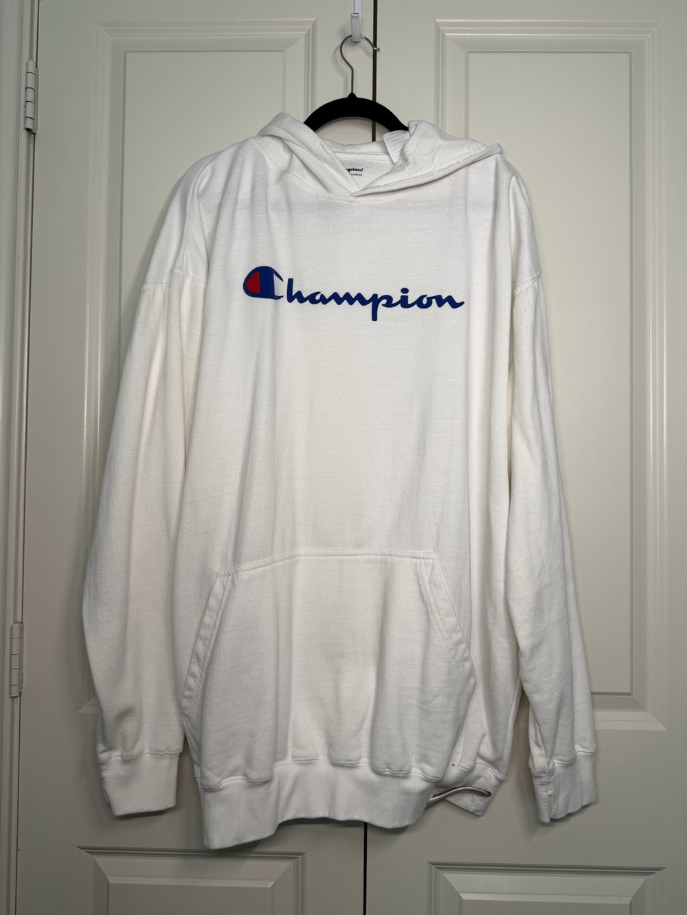 Champion White Hoodie with Blue & Red Logo